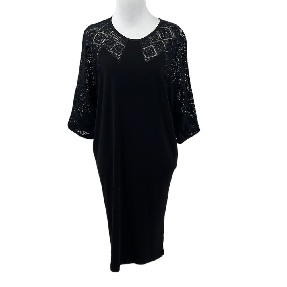 Joseph Ribkoff Dress Womens 8 Black Lace Knit Dolman Sleeve Midi